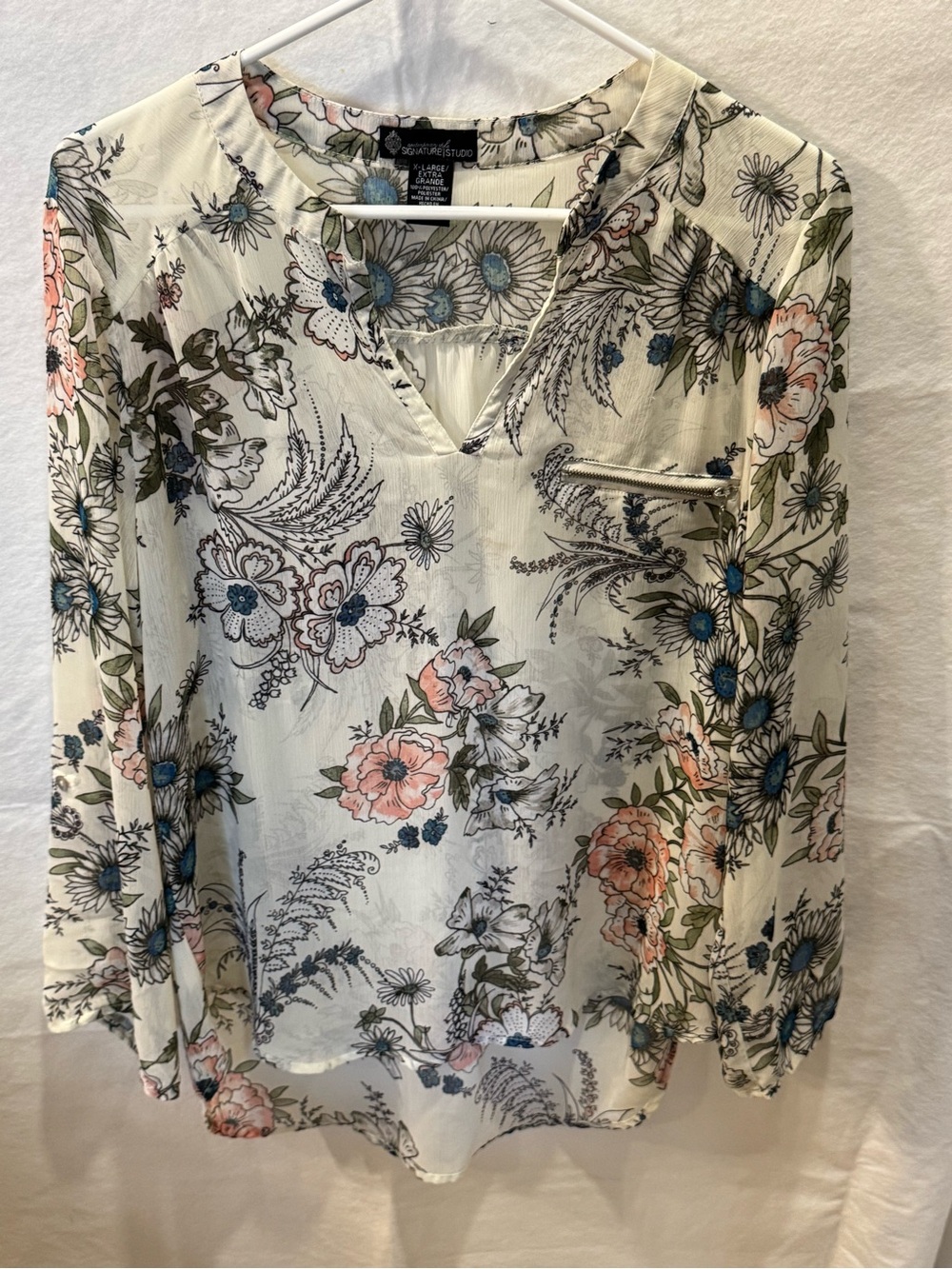 Signature Studio Cream Floral V-Neck Blouse with Pink & Blue Accents